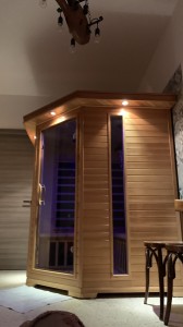 Sauna finlandese a infrarossi, con musica all’interno e cromoterapia . Investi profumati e zona relax 